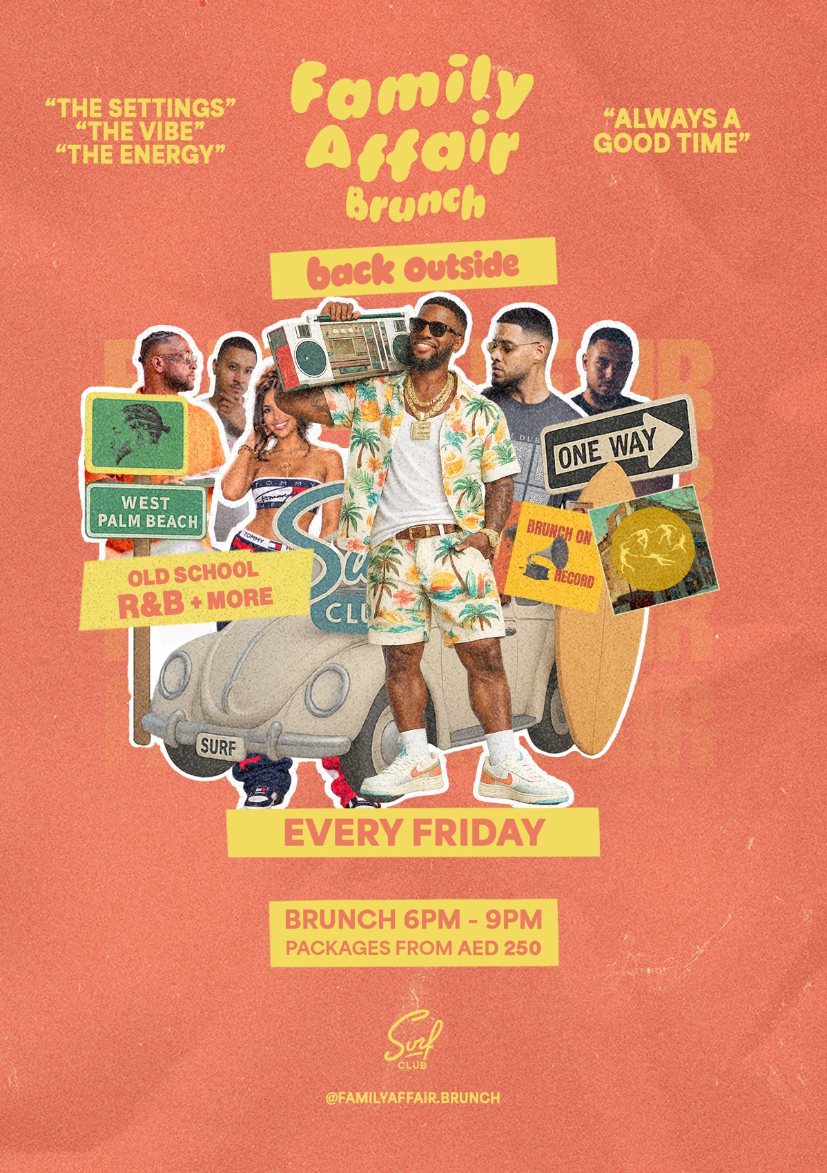 Family Affair — back outside — every Friday at Surf Club, brunch 6–9PM, packages from AED 250
