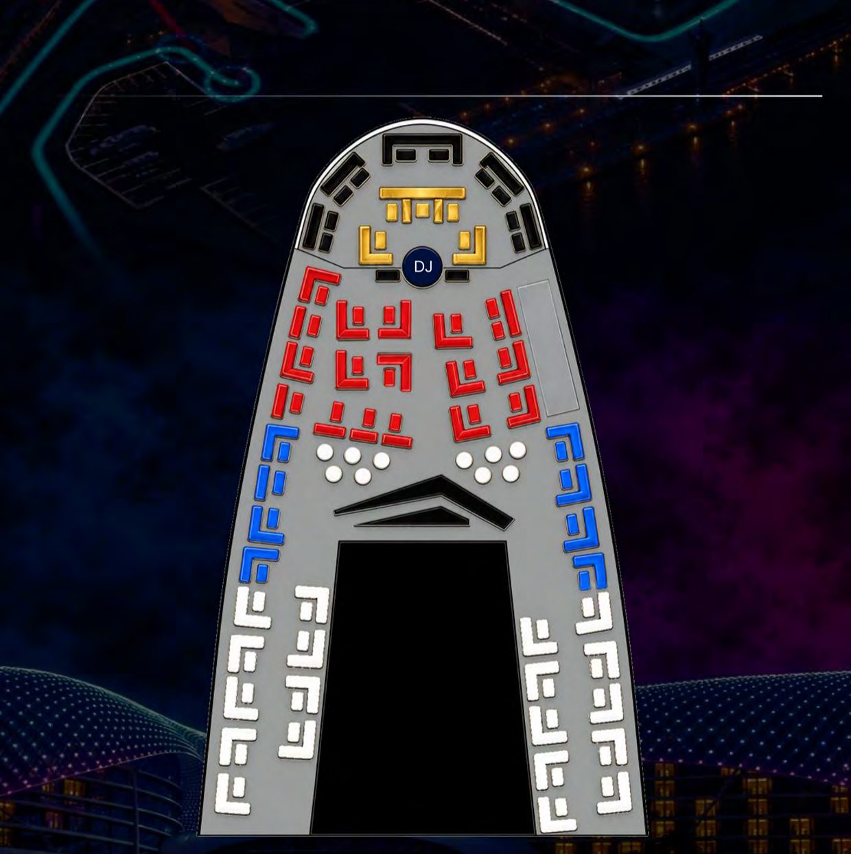 Rooftop seating map — VVIP by the DJ, backstage and front row, red rows, blue rows and bottle service tables