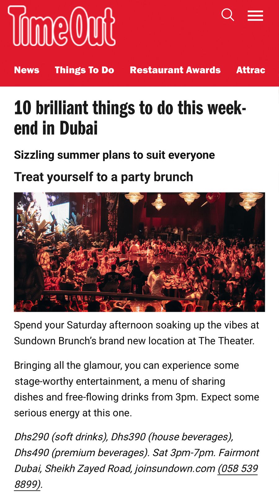 TimeOut Dubai — 10 brilliant things to do this weekend in Dubai, featuring Sundown Brunch at The Theater